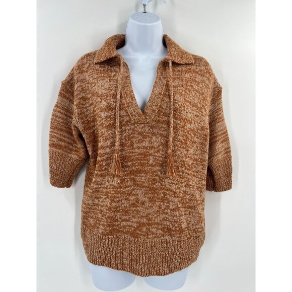 Anthropologie Carlotta Knit Pullover Sweater S Marled Brown Tie-Neck Polo Collar - Picture 1 of 11